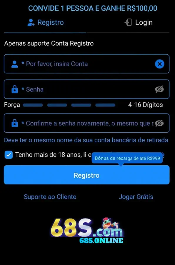 Formulário de registro no 68S cassino